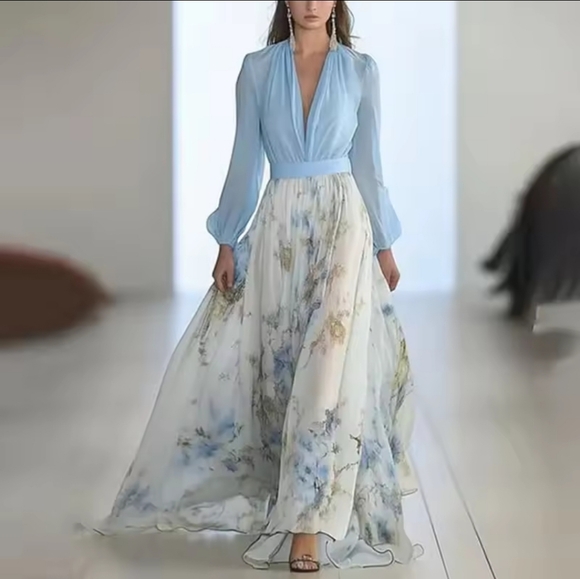 Dresses & Skirts - Color Women Long Dress Long LanternSleeve V-neck Pleated High Waist Robe